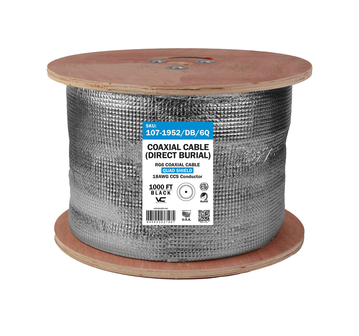 Vertical 107-1952/DB/6Q RG6 Quad Shield Direct Burial 1000ft reel, Black