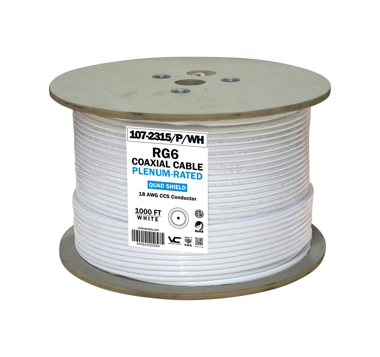 Vertical Cable RG6 Quad Shield Coaxial Cable 18 AWG Solid CCS Conductor Plenum 1000ft, White