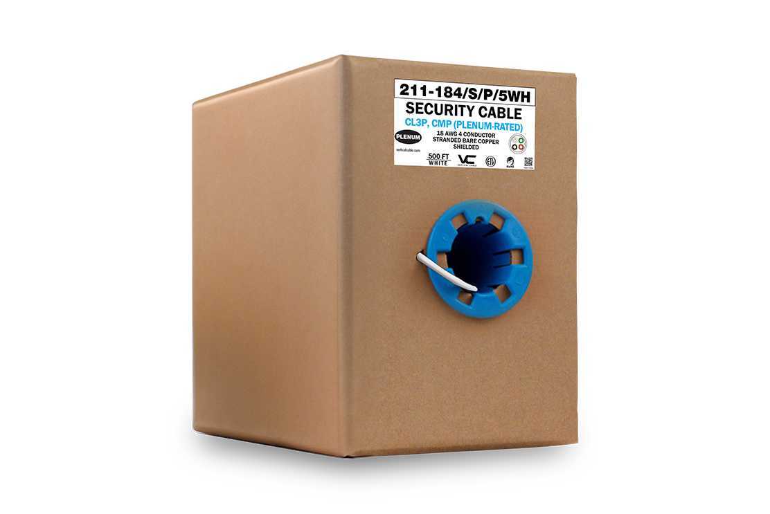 Vertical Cable 18/4 CL3P, CMP Plenum Rated, Shielded, Stranded, Bare Copper Conductors, White, 500 ft, Pull Box