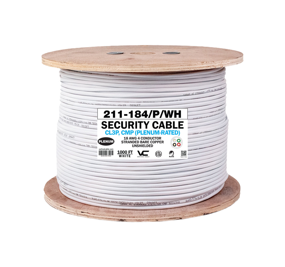 Vertical Cable 18/4 security cable, CL2, CMP plenum-rated, unshielded, 1000ft, White