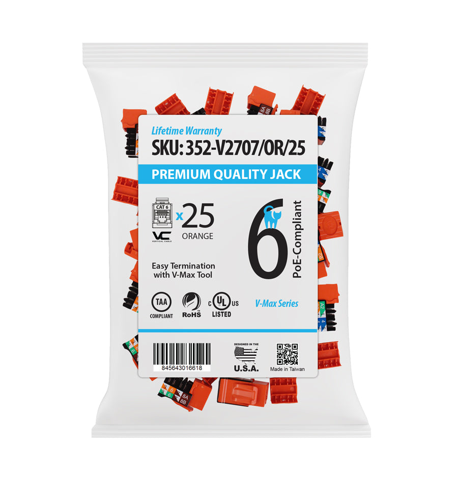 Vertical Cable CAT6 RJ45 Keystone Jack V-Max Series Single/25 pack