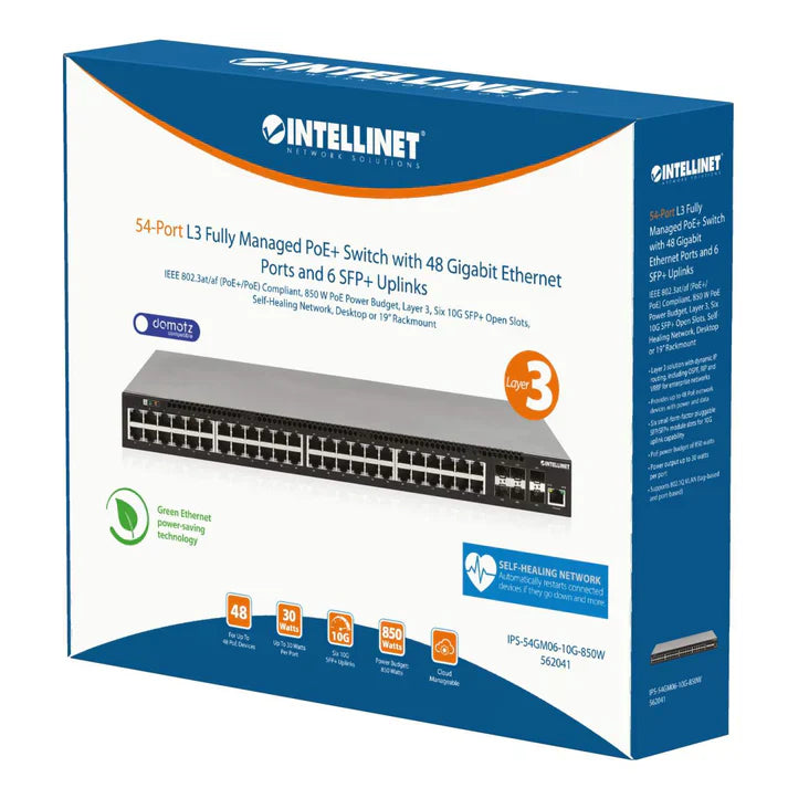 Intellinet 562041 54-Port L3 Fully Managed PoE+ Switch with 48 Gigabit Ethernet Ports and 6 SFP+ Uplinks