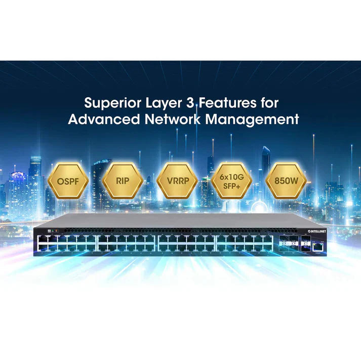 Intellinet 562041 54-Port L3 Fully Managed PoE+ Switch with 48 Gigabit Ethernet Ports and 6 SFP+ Uplinks
