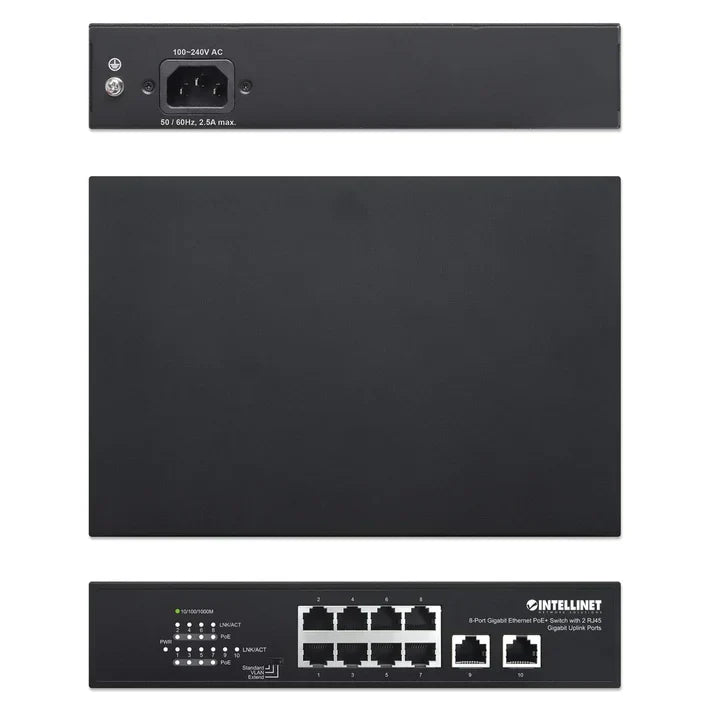 Intellinet 561402 8-Port Gigabit Ethernet PoE+ Switch with 2 RJ45 Gigabit Uplink Ports IPS-08G02-120W