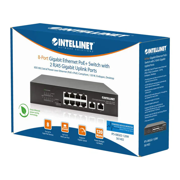 Intellinet 561402 8-Port Gigabit Ethernet PoE+ Switch with 2 RJ45 Gigabit Uplink Ports IPS-08G02-120W