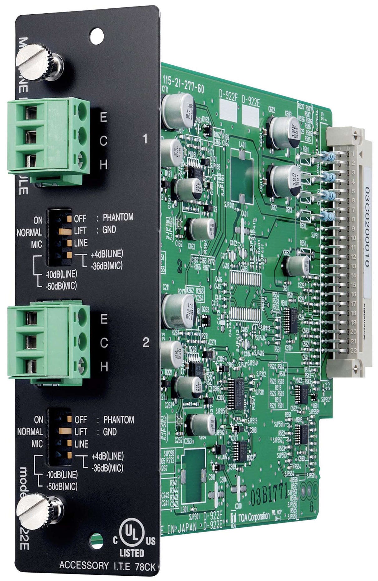 TOA D-922E D-901 Series Input Module Two Mic/Line Inputs Balanced 20-Bit A/D Phoenix-Type Connectors