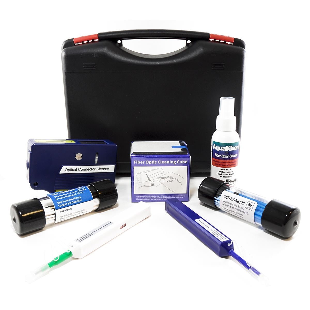 Cleerline SSF-CKIT01E Fiber Optic cleaning kit. Includes a variety of cleaners and consumables. Per Each