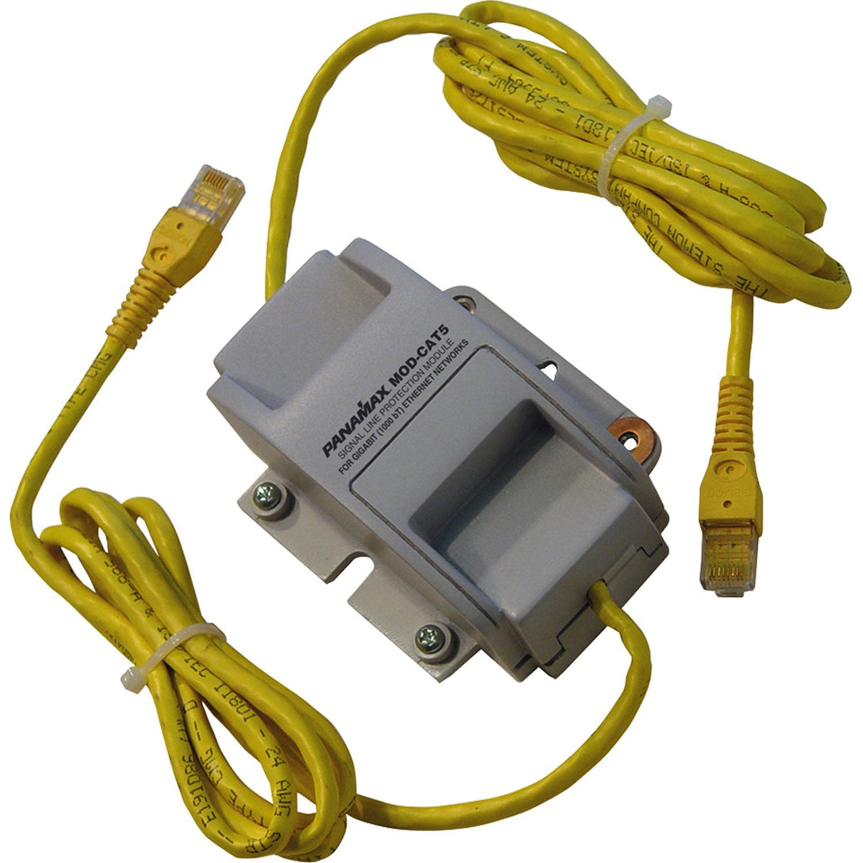 Network cable with connectors and a gray box on a white background