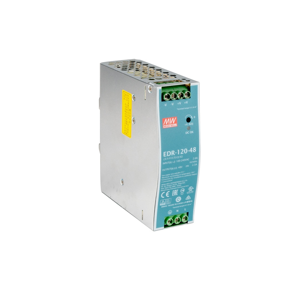 Cleerline SSF-DIN-48V120W-PS Industrial power supply 120W, AC 88-132VAC /176-264VAC, DC 48V output 2.5A, DIN rail mountable Per Each