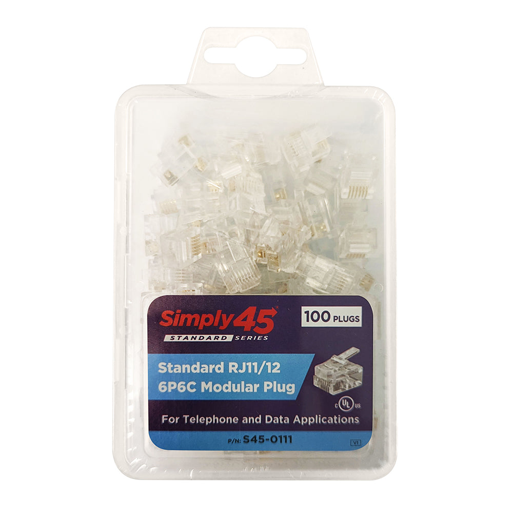 Simply45 S45-0111 Standard RJ11/RJ12 Modular Plugs, Clear Tint - 100PC/Clamshell