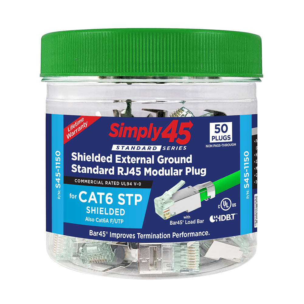 Simply45 S45-1150 Standard Shielded (External Ground) Cat6 STP RJ45 Modular Plugs with Bar45™ Green Tint, Hi/Lo Stagger - 50pcs/Jar