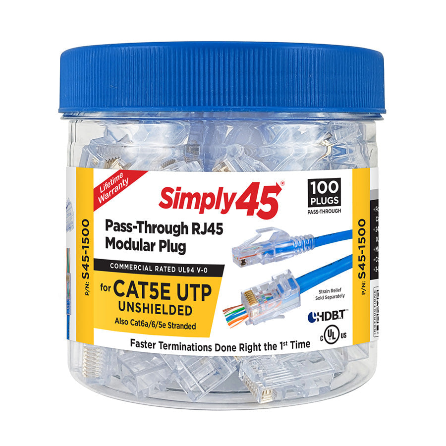 Simply45 S45-1500 Pass Through Blue Tint - Cat5e UTP - 100pc Jar