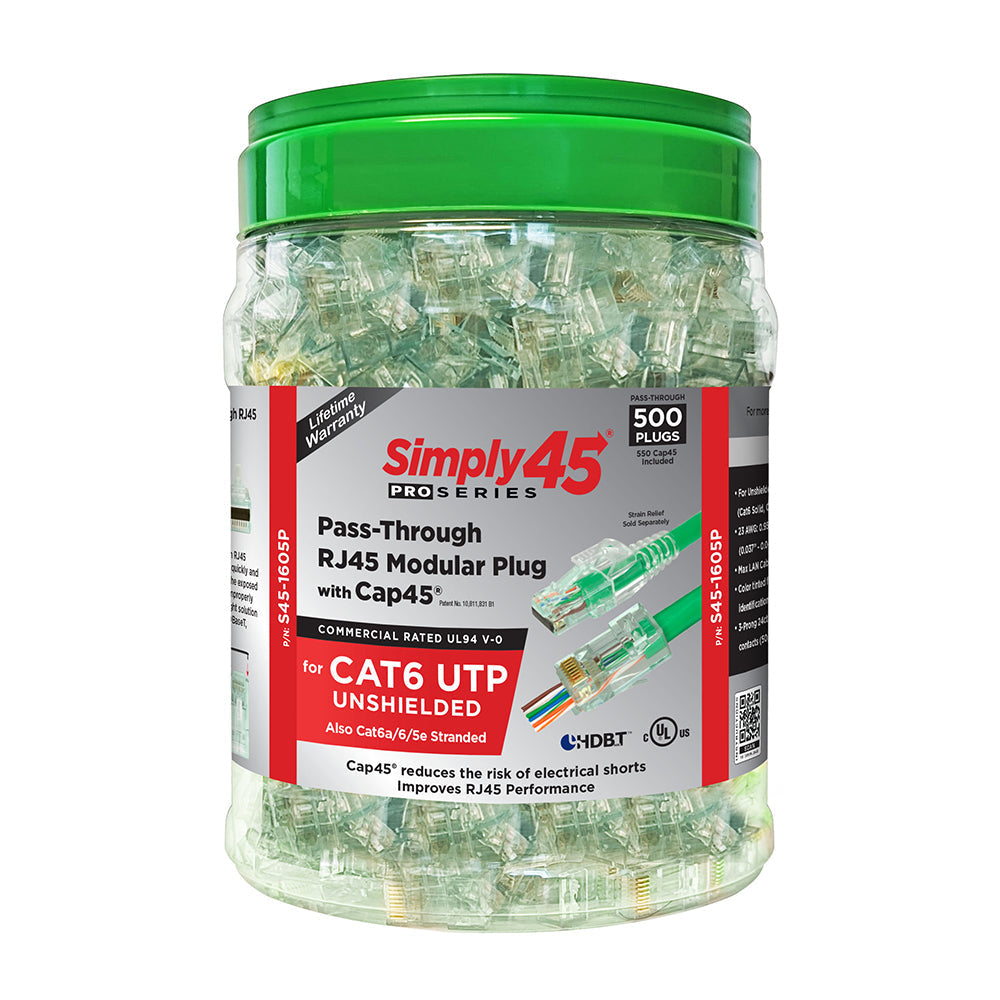 Simply45 S45-1605P ProSeries Cat6 Unshielded Pass-Through RJ45 Modular Plugs with Cap45® 500 pc/Jar