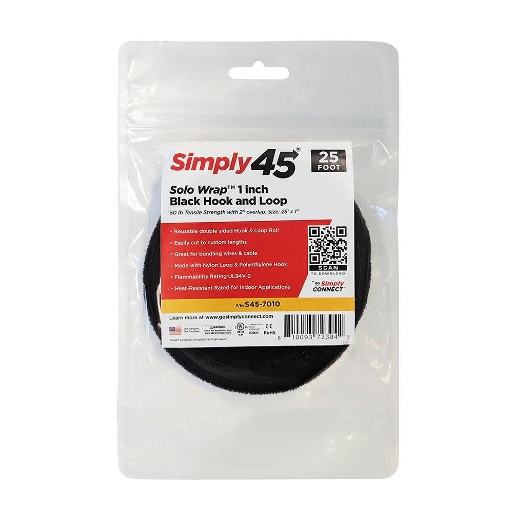 Simply45 S45-7010 1-inch Black Hook and Loop, 25’