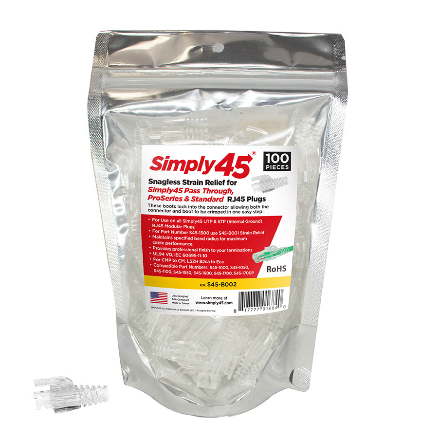 Simply45 S45-B002 Strain Reliefs for S45 Pass Through, ProSeries and Standard RJ45 - 100pc Bag
