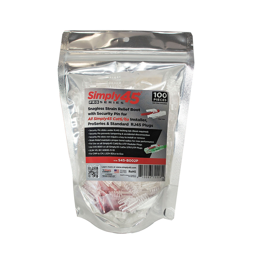 Simply45 S45-B002P PROSeries Strain Relief with RED Locking Pin for all Simpy45® UTP Cat6/Cat6A RJ45 - 100pcs/bag