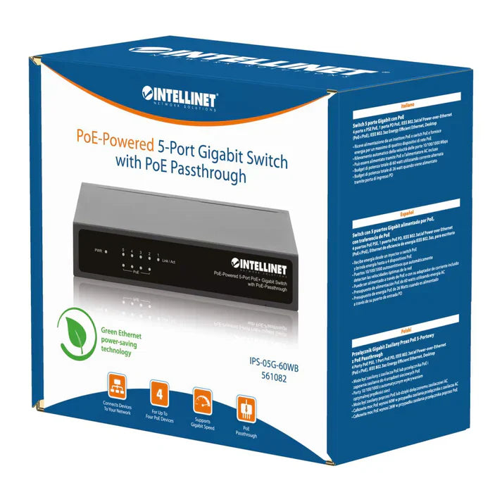 Intellinet 561082 PoE-Powered 5-Port Gigabit Switch with PoE Passthrough