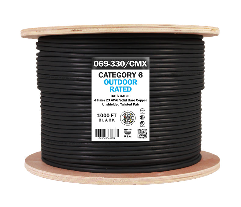 Vertical Cable 069-330/CMX CAT6 PoE++, 550 MHz, Outdoor Jacket, UV-Rated Jacket, CMX-Rated, 1000 ft, Black – TAA-Compliant
