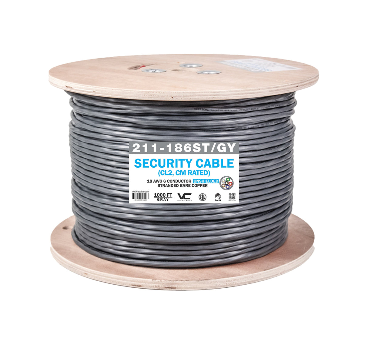 Vertical Cable 211-186ST/GY 18/6 Unshielded 1000ft Spool, Gray