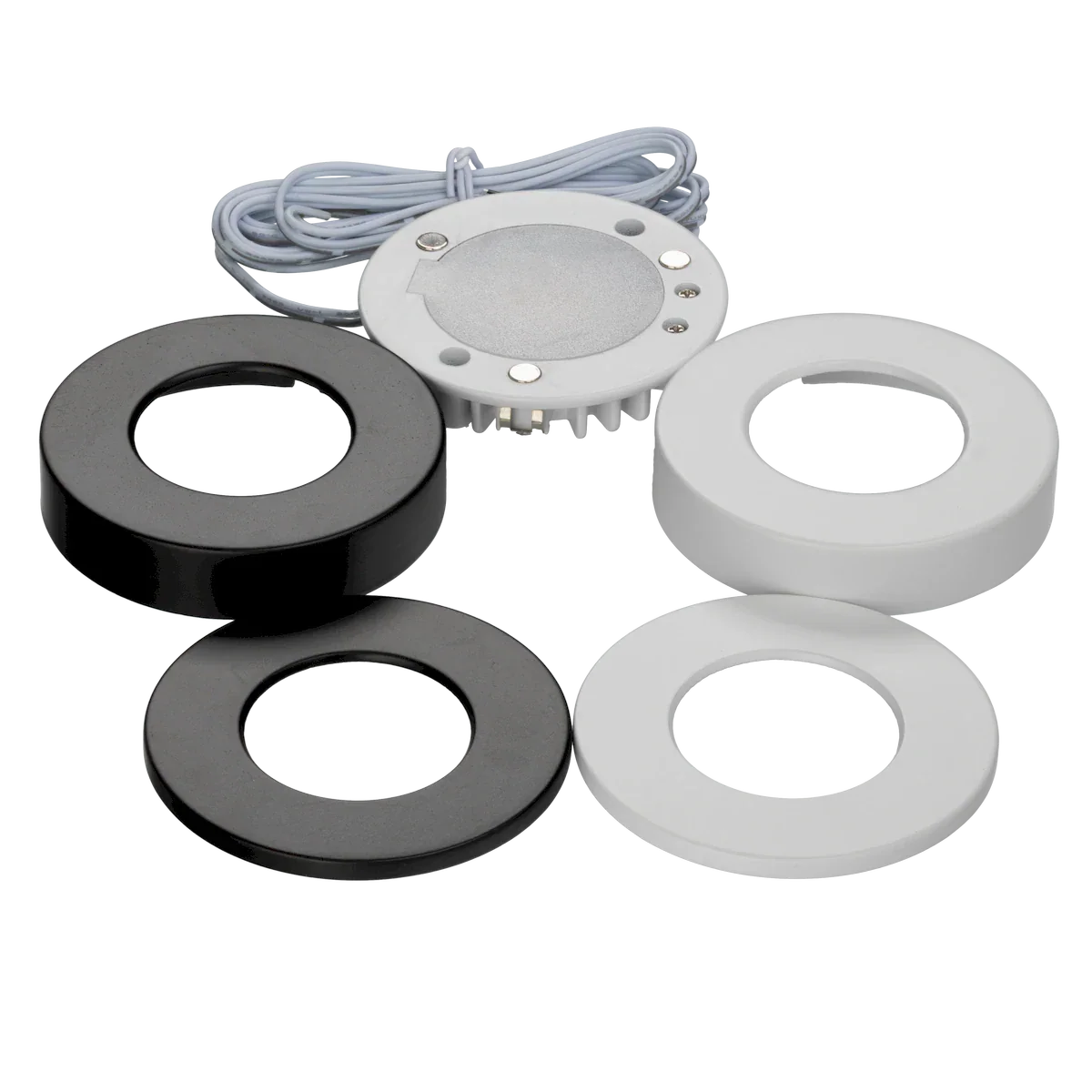 Proluxe PLX-OMNSLI-3CCT-WHBK 24V SUPER SLIM PUCK LIGHT, ROUND, FLEXIBLE MAGNET SCREWLESS TRIM CAN. SURFACE OR RECESS MOUNT, ALUMINIUM HOUSING 24V, 4W, CRI>90; 250-290L, DRY LOCATION, 5/8" HEIGHT; 72" LEADS. 2 ROUND TRIM RECESSED IN BK & WH