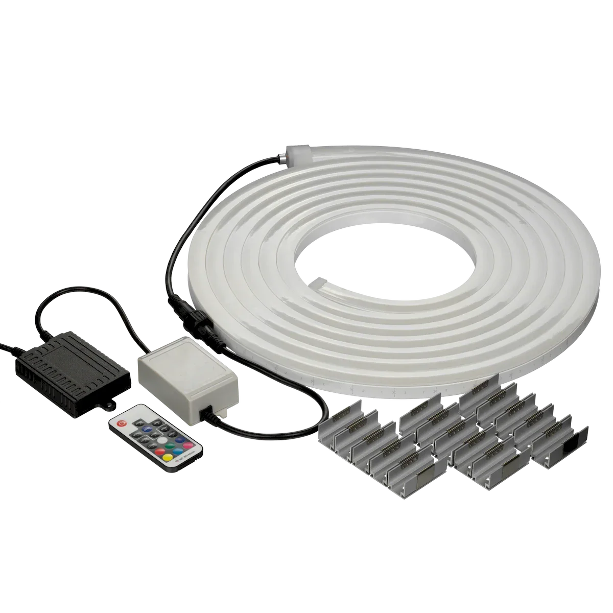 Proluxe PLX-NF-RGBW-12V-KIT-20 12V AC RGBW NEON RF KIT, 20FT LENGTH, IP67 12V DC LATERAL BEND NEON W/12V AC RECTIFIER, 6FT BARE LEAD, IP68 CONNECTORS, OUTDOOR RATED RADIO FREQUENCY LED CONTROLLER/RECEIVER, 15PCS MOUNTING CLIPS , 2PCS END CAP