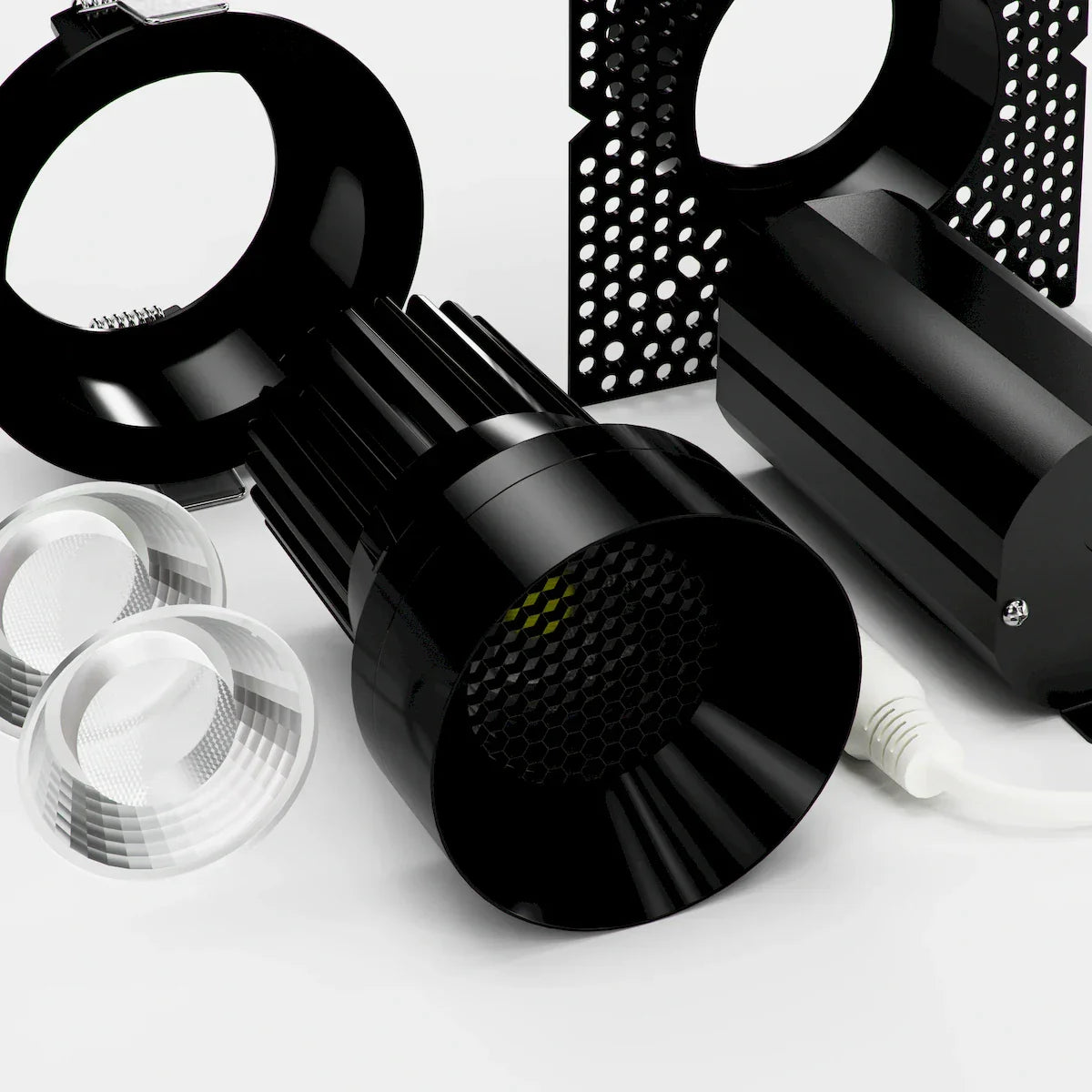 Proluxe PLX-RHYM-DLR-THNC-15-36-5CCT-3-BK TIR LENS DEEP BAFFLE + HONEYCOMB, 3" ROUND SEAMLESS MODULE W/ MUD-RING & TRIM-RING, 15W, 24degree BEAM ANGLE, 36degree & 60degree FIELD CHANGEABLE OPTICS, BLACK FINISH, 5CCT (2700K/3000K/3500K/4000K/5000K)