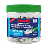 Simply45 S45-1150 Standard Shielded (External Ground) Cat6 STP RJ45 Modular Plugs with Bar45™ Green Tint, Hi/Lo Stagger - 50pcs/Jar