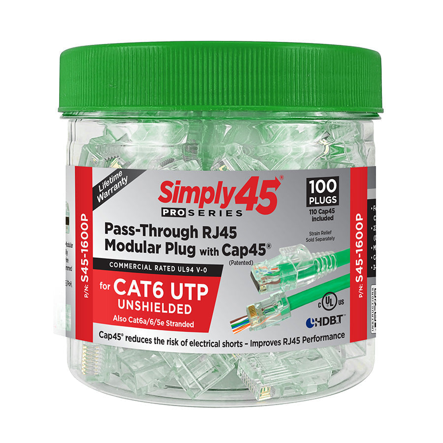 Simply45 S45-1600P ProSeries Cat6 Unshielded Pass-Through RJ45 Modular Plugs with Cap45® 100 pc/Jar