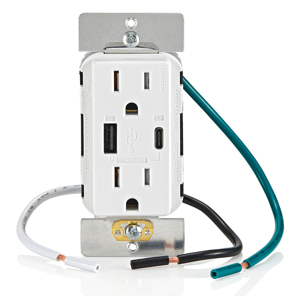 Leviton T5634-W 60W (20V@2.5A+ 5V@2A) USB Dual Type A/Type-C Power Delivery Wall Outlet Charger with 15A Tamper-Resistant Outlet