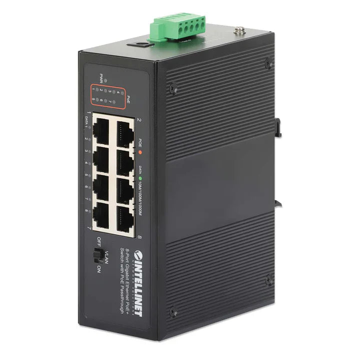 Intellinet 561624 Industrial PoE-Powered 8-Port Gigabit Switch with PoE Passthrough