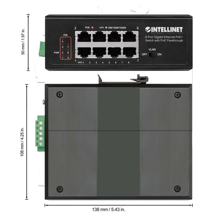 Intellinet 561624 Industrial PoE-Powered 8-Port Gigabit Switch with PoE Passthrough